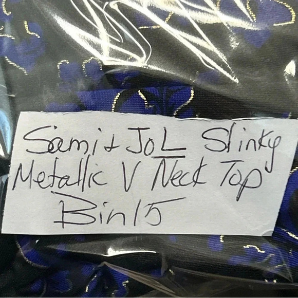 Women’s Large Pullover Top Metallic Stretch Slinky 3/4‎ Sleeve Black Blue Career - Picture 13 of 13